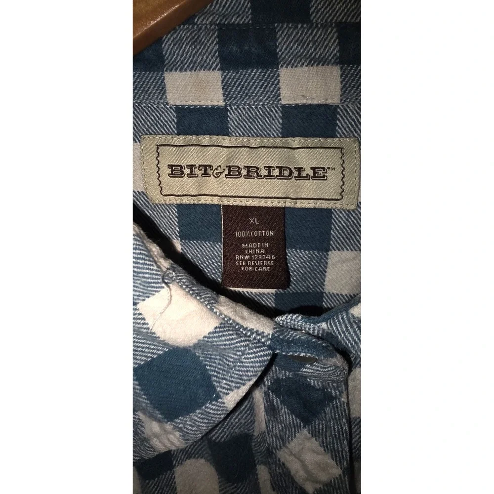 Bit & Bridle Women's Pearl Snap Western Flannel Shirt Teal & White Sz XL Cowgirl